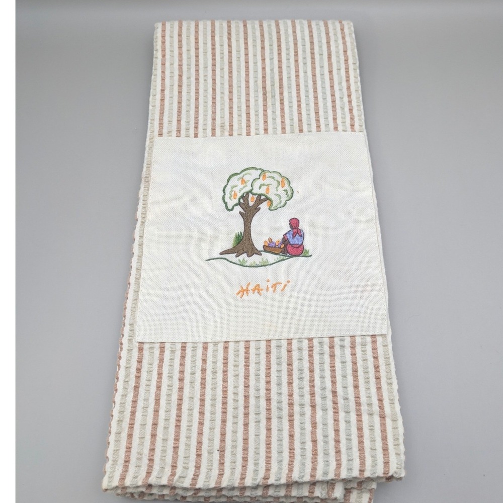 Le Centre Haiti Handmade Embroidered Tea Towel Striped Seersucker Folk Art‎